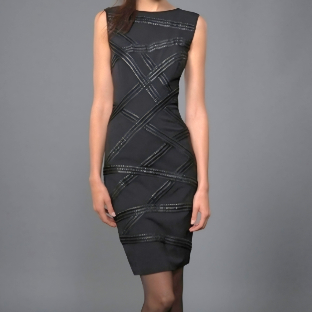 Tadashi Shoji Foil Print Asymmetric Banded Dress Black Silver Large